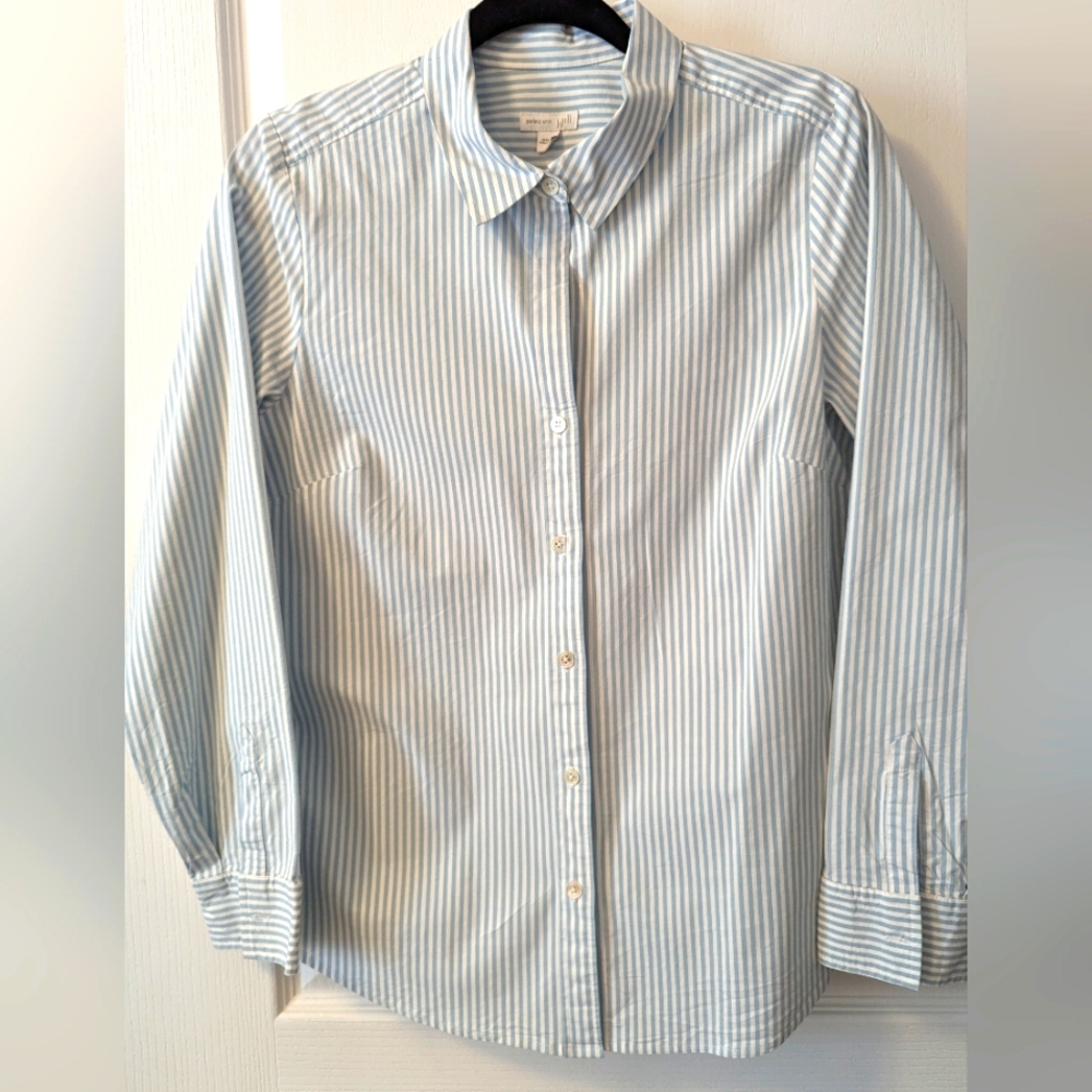 J. Jill Cornflower Blue & White Striped Collared Shirt- Size Medium